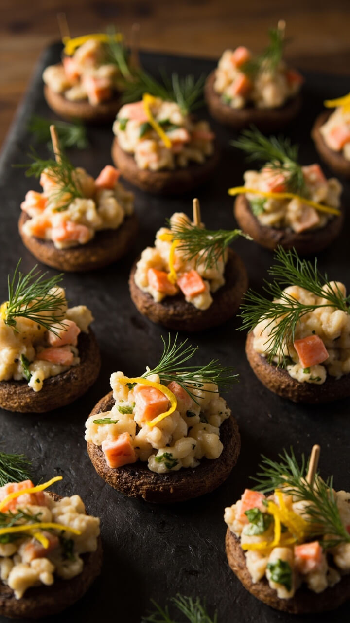 A slate serving board loaded with baked cremini mushroom caps, golden brown on top, each overstuffed with chunky lobster and herb filling, some topped with fresh dill and lemon zest, toothpicks on the side. A slate serving board loaded with baked cremini mushroom caps, golden brown on top, each overstuffed with chunky lobster and herb filling, some topped with fresh dill and lemon zest, toothpicks on the side.