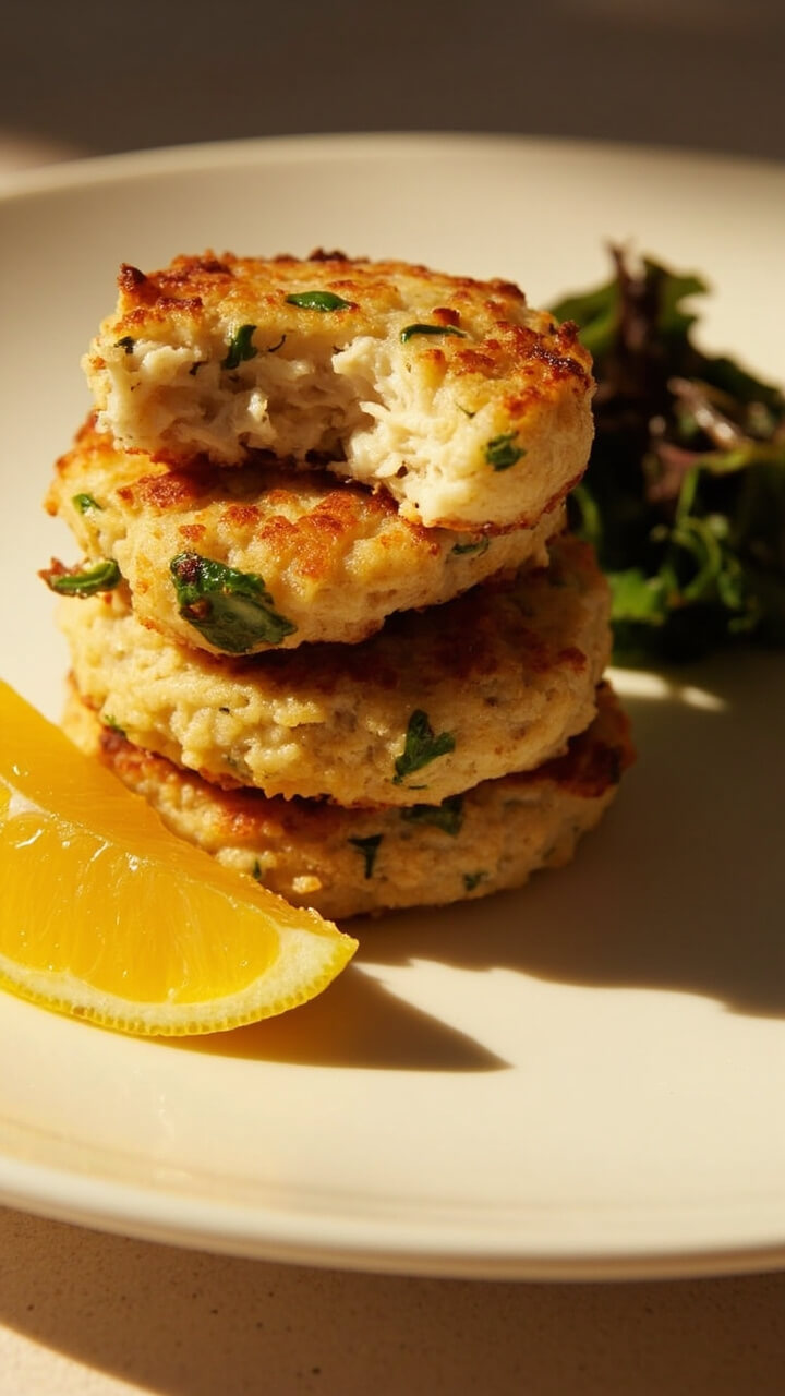 Three golden-brown crab cakes stacked on a plate, with a wedge of lemon and a side of leafy greens. The cakes show flecks of green herbs and have a crispy coating.