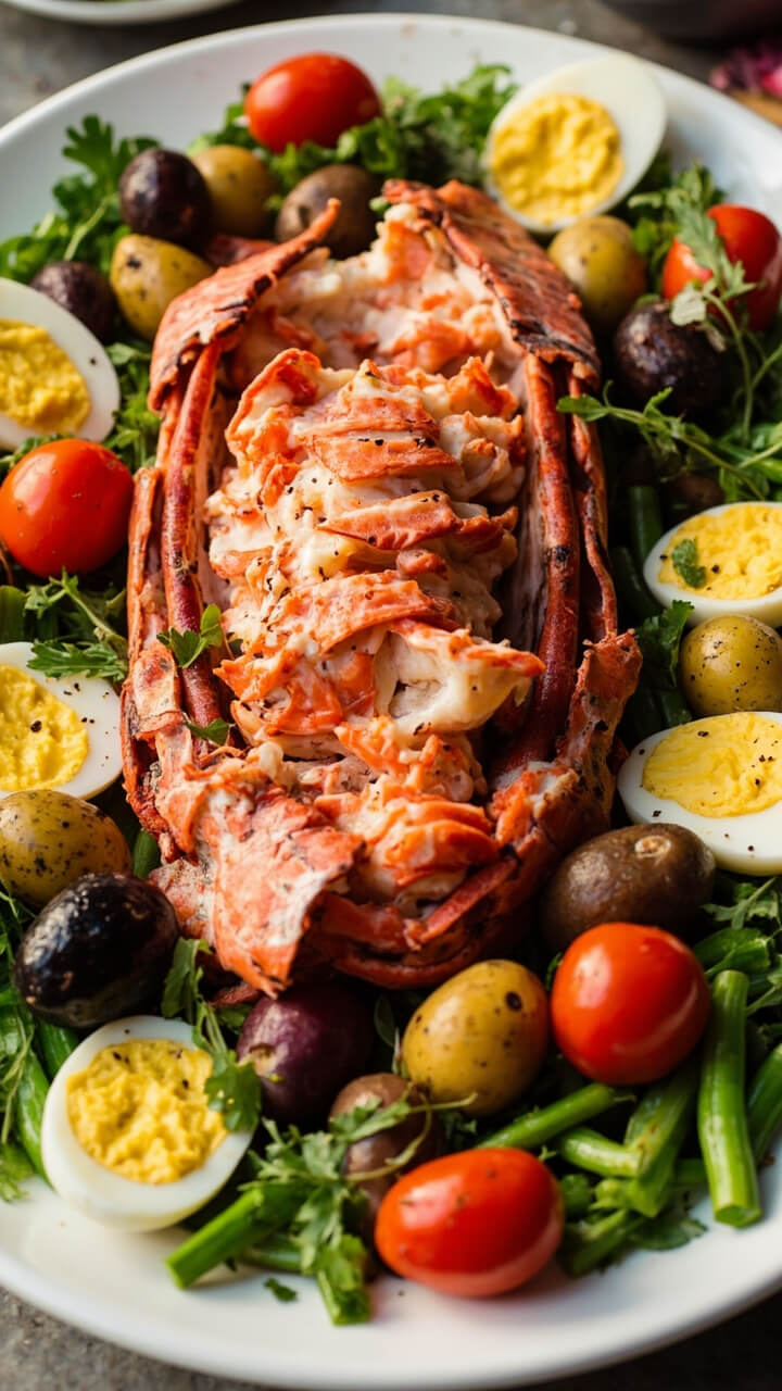 A large white platter with neatly separated sections of lobster meat, boiled fingerling potatoes, blanched green beans, cherry tomatoes, hard-boiled egg halves, olives, and a sprinkle of fresh parsley.