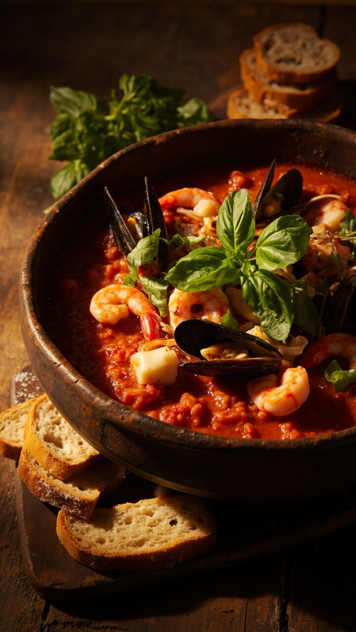 A deep serving bowl filled with chunky tomato stew, visible shrimp, white fish, and open mussels, topped with torn fresh basil and served alongside a pile of crusty bread slices. A deep serving bowl filled with chunky tomato stew, visible shrimp, white fish, and open mussels, topped with torn fresh basil and served alongside a pile of crusty bread slices.