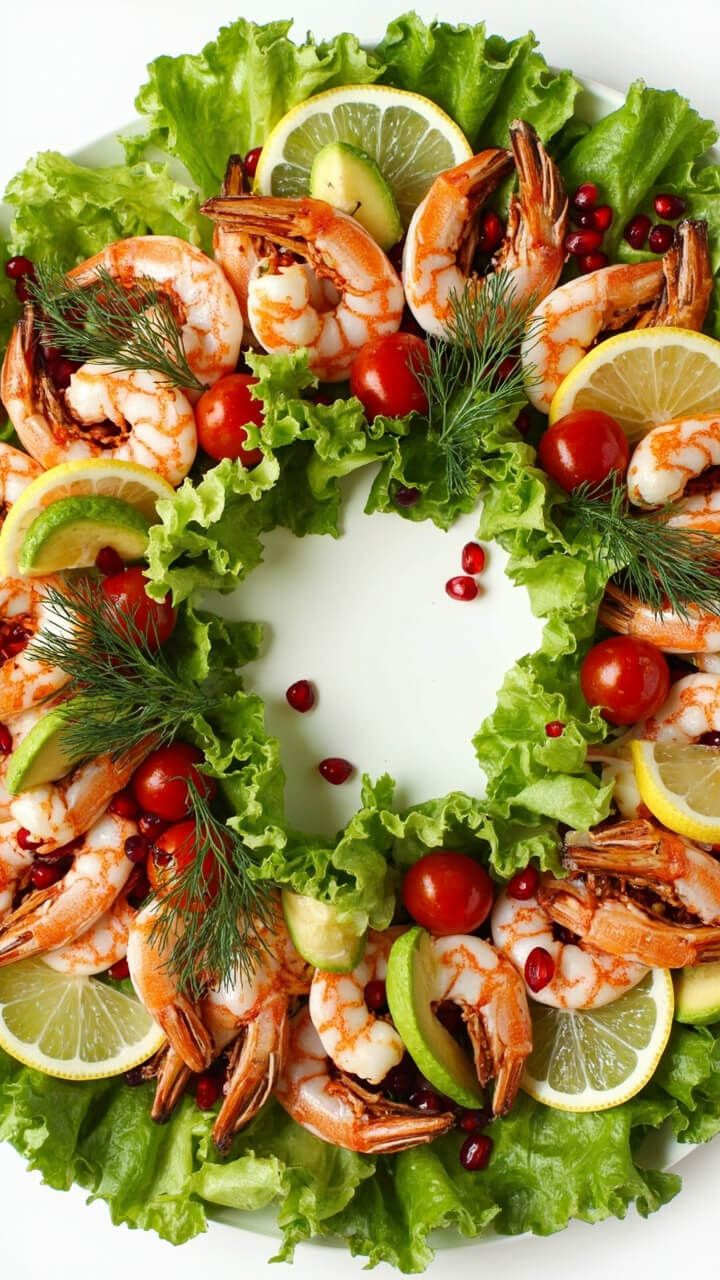 Bright green baby lettuces arranged in a ring on a white serving platter, studded with pink shrimp, ripe avocado slices, cherry tomato halves, and thin lemon slices, the whole thing sprinkled with fresh dill and a few red pomegranate seeds for holiday color.