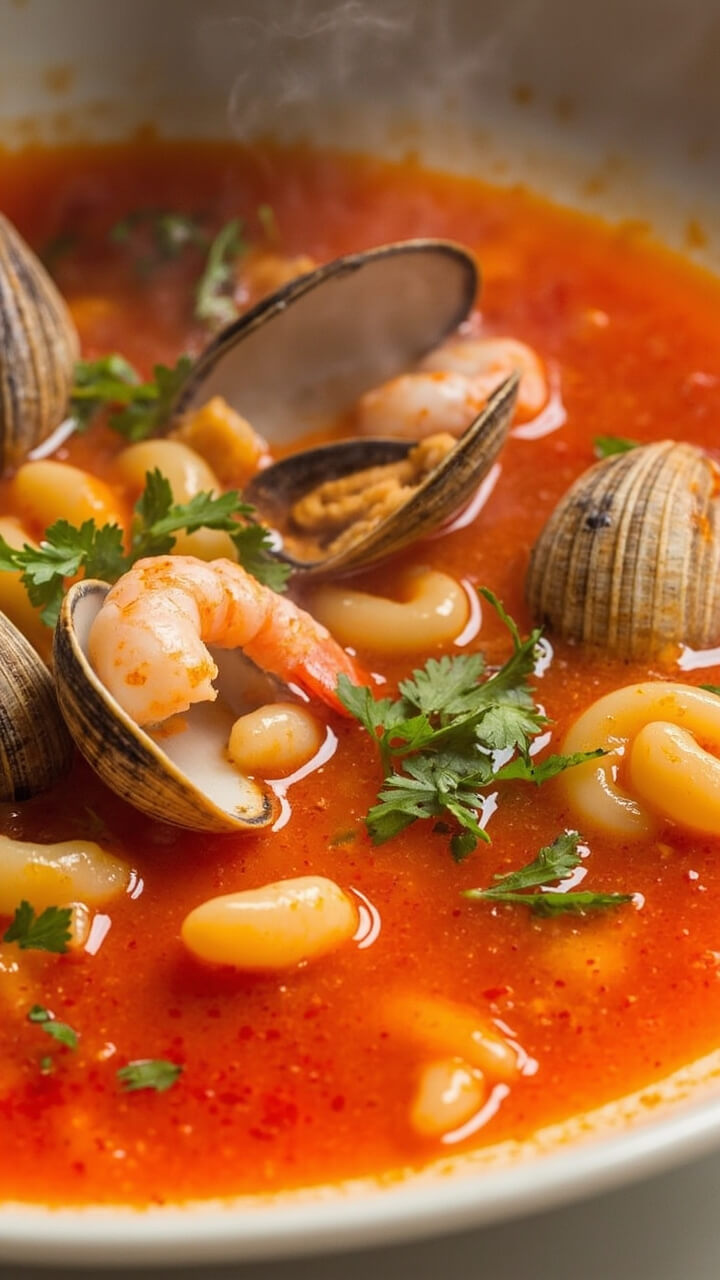 A red-tinged tomato broth with small orzo pasta, clams in shells, shrimp, and chopped green parsley, served in a shallow soup plate.