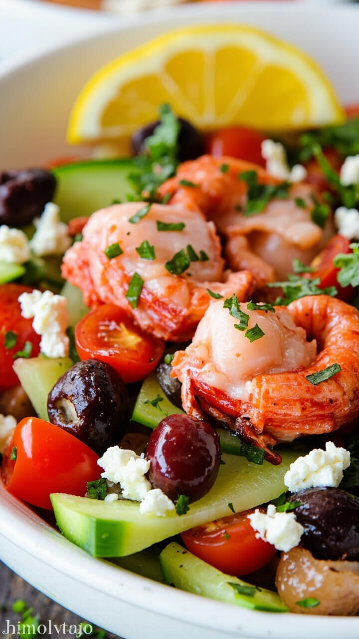A low, shallow white bowl brimming with lobster bites, halved cherry tomatoes, sliced cucumbers, kalamata olives, crumbled feta cheese, and chopped parsley, with a lemon wedge on the rim.