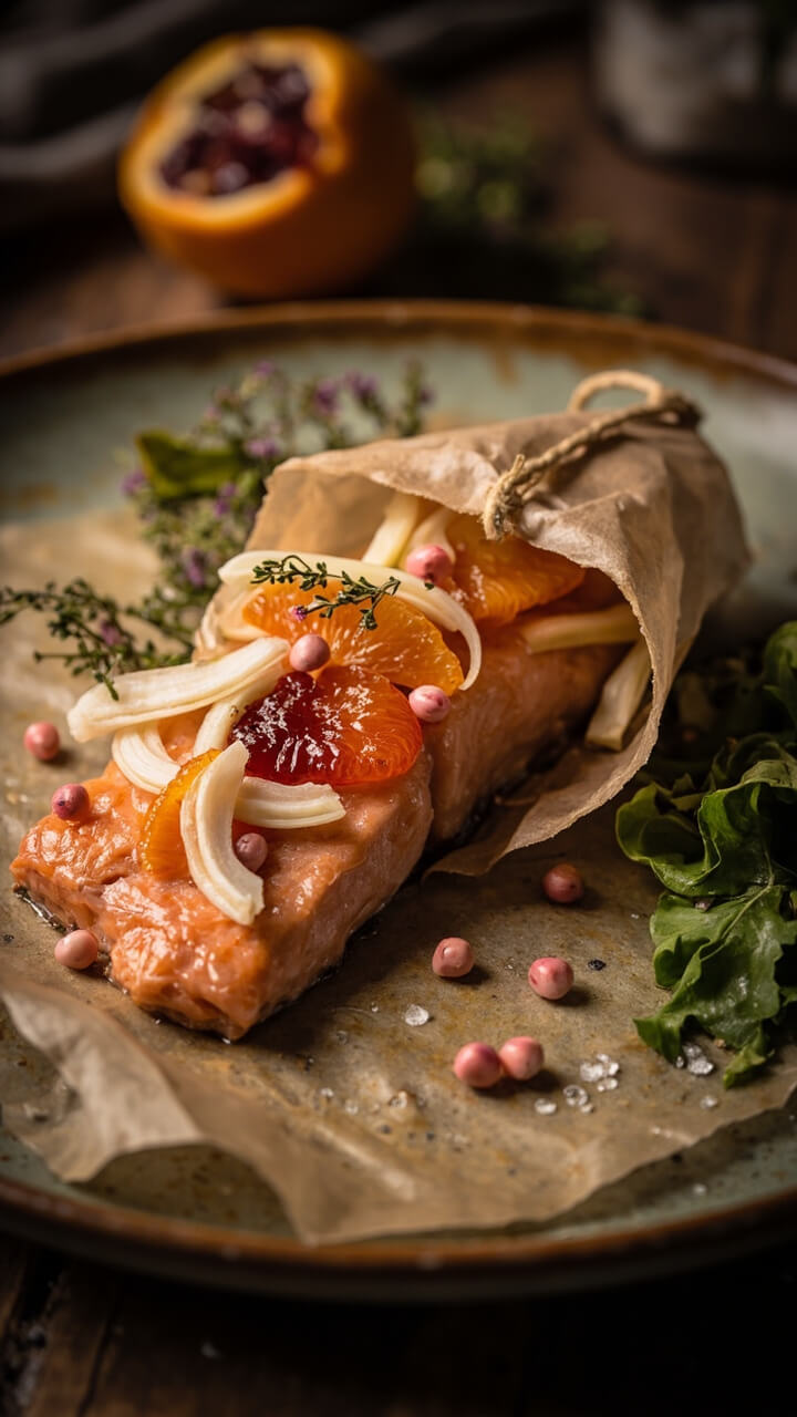 A parchment packet opened on a plate revealing a salmon fillet with slices of blood orange and fennel, jeweled with pink peppercorns and a sprig of thyme, a small side salad beside. A parchment packet opened on a plate revealing a salmon fillet with slices of blood orange and fennel, jeweled with pink peppercorns and a sprig of thyme, a small side salad beside.