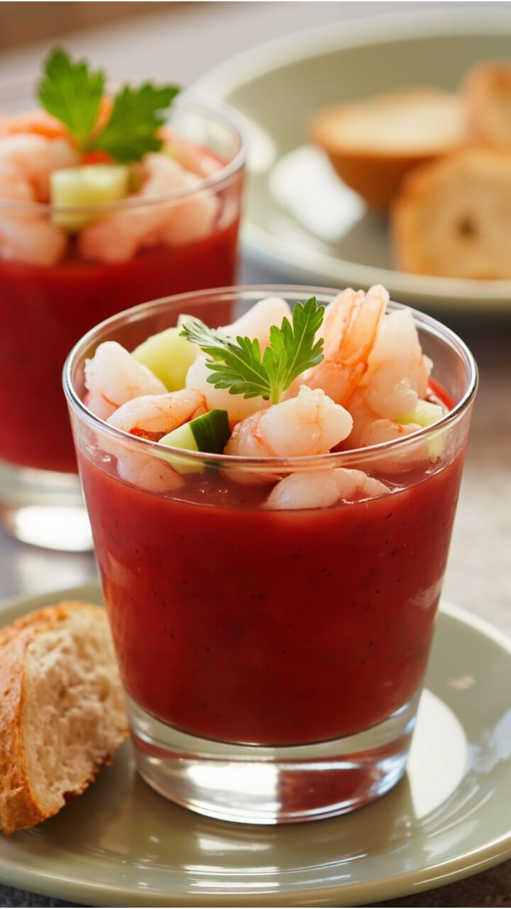 Clear glass cups filled with vibrant red gazpacho and topped with chopped, chilled shrimp, diced cucumber, and a sprig of parsley. The gazpacho is smooth, and the shrimp rests neatly on top for a layered look, with a plate of sliced baguette alongside.