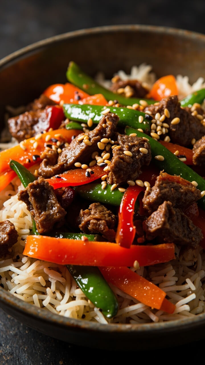 Colorful stir fry with bite-sized skirt steak pieces, red bell peppers, snap peas, and carrots, all glazed in a glossy sauce over a bowl of steamed jasmine rice. A sprinkle of sesame seeds on top. Colorful stir fry with bite-sized skirt steak pieces, red bell peppers, snap peas, and carrots, all glazed in a glossy sauce over a bowl of steamed jasmine rice. A sprinkle of sesame seeds on top.