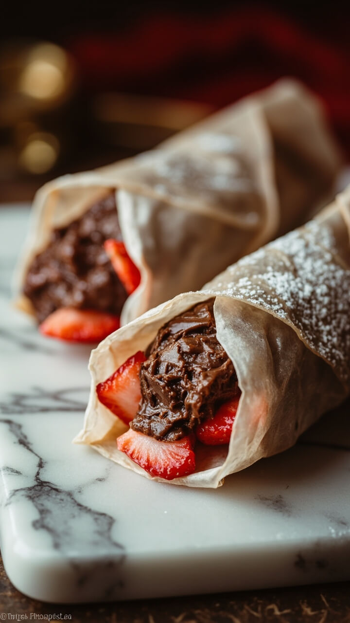 Three glossy, rolled rice paper dessert wraps cut in half, revealing gooey chocolate-hazelnut spread and sliced strawberries inside. They’re arranged on a marble board with a dusting of powdered sugar.