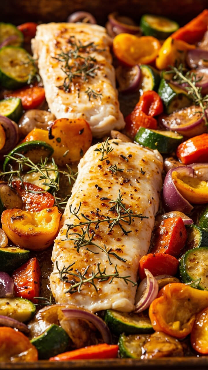 Catfish fillets arranged on a sheet pan with colorful chunks of zucchini, onion, red bell pepper, and carrot, all roasted until golden. Sprigs of fresh thyme finish the look.