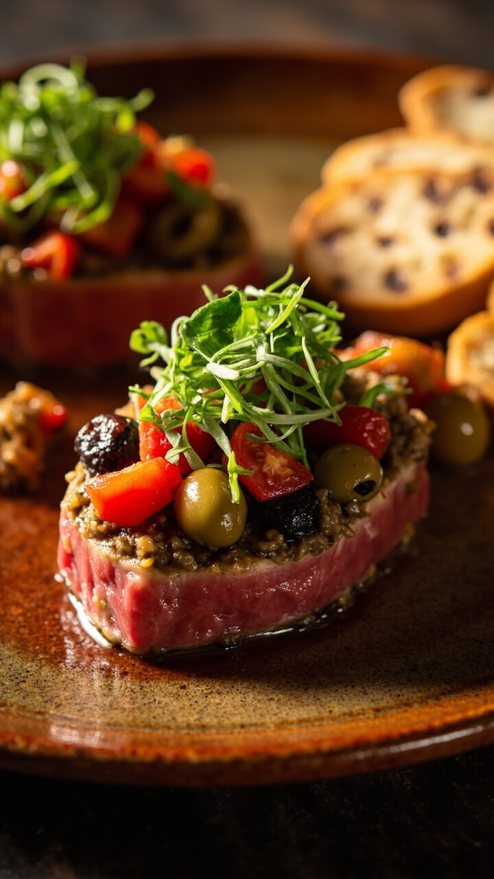 A juicy tuna steak topped with a chunky green and black olive tapenade, scattered with chopped tomatoes and basil. Served on a rustic round plate with grilled slices of baguette on the side.