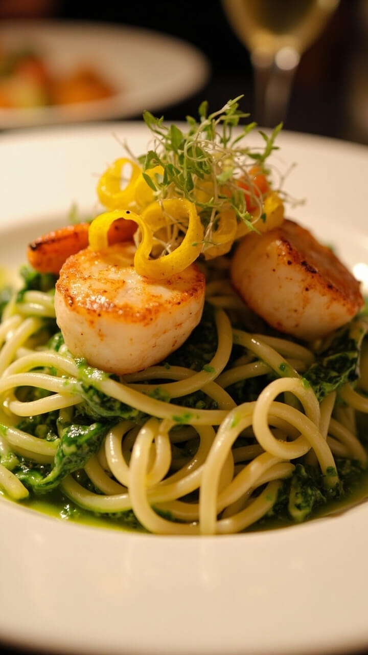 Twists of capellini topped with lush green spinach cream, seared scallops and shrimp arranged over, finished with lemon curls and microgreens. Served on a simple white pasta plate.