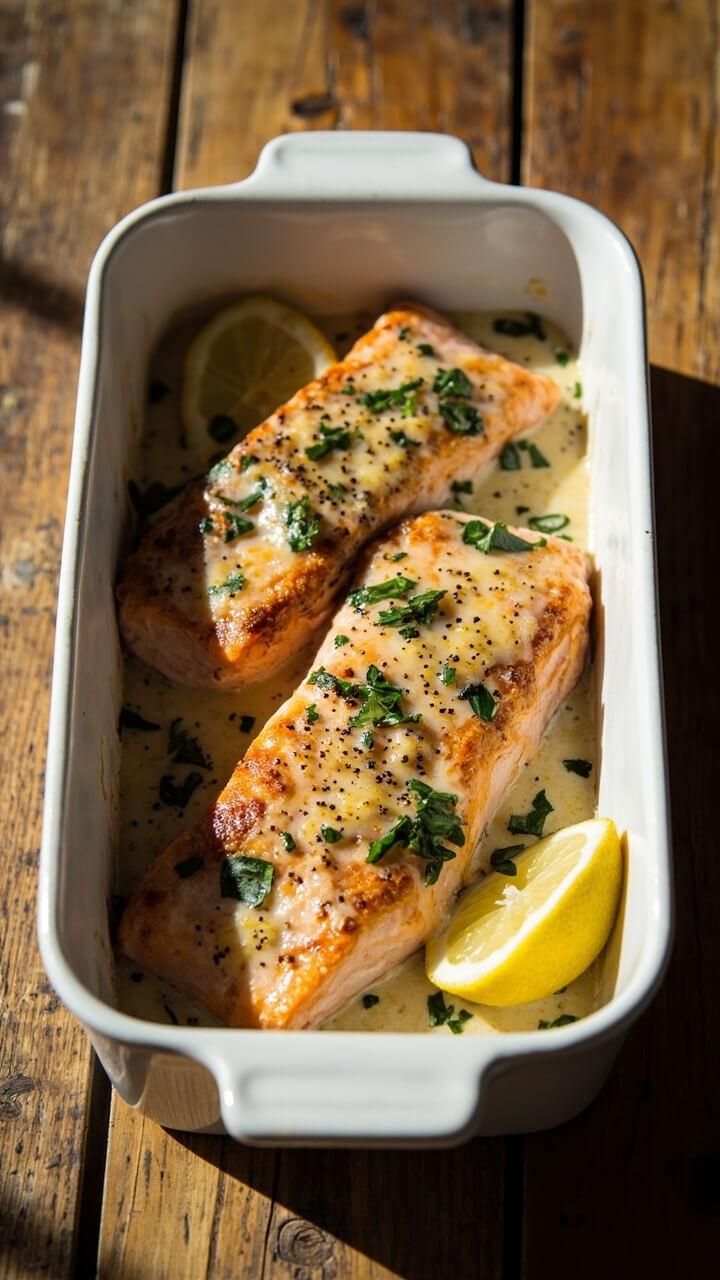 A golden-crusted salmon fillet in a shallow white baking dish, topped with a bubbling garlic Parmesan cream, sprinkled with fresh chopped parsley and cracked pepper, with a wedge of lemon on the side, all set on a rustic wooden table. A golden-crusted salmon fillet in a shallow white baking dish, topped with a bubbling garlic Parmesan cream, sprinkled with fresh chopped parsley and cracked pepper, with a wedge of lemon on the side, all set on a rustic wooden table.