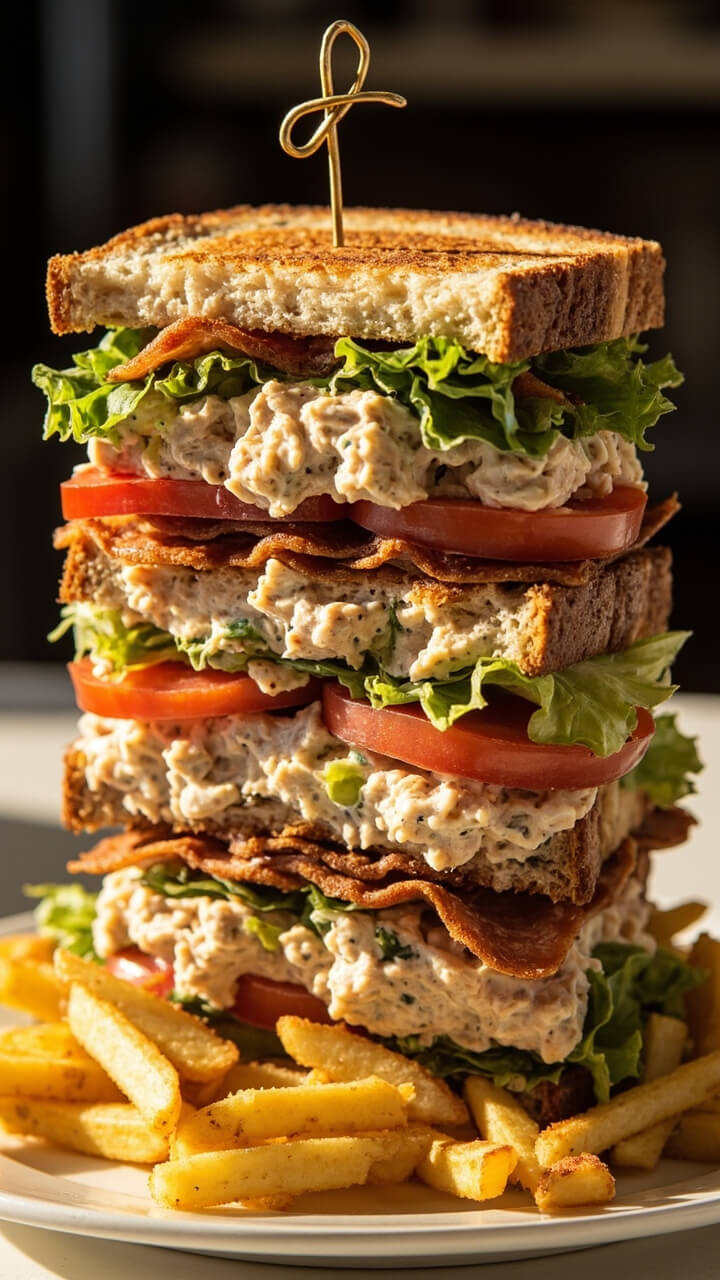 A towering club sandwich with three slices of toasted sandwich bread, stacked with tuna salad, crispy bacon, lettuce, and tomato slices, each layer visibly separated, held together with cocktail sticks and served with potato fries. A towering club sandwich with three slices of toasted sandwich bread, stacked with tuna salad, crispy bacon, lettuce, and tomato slices, each layer visibly separated, held together with cocktail sticks and served with potato fries.