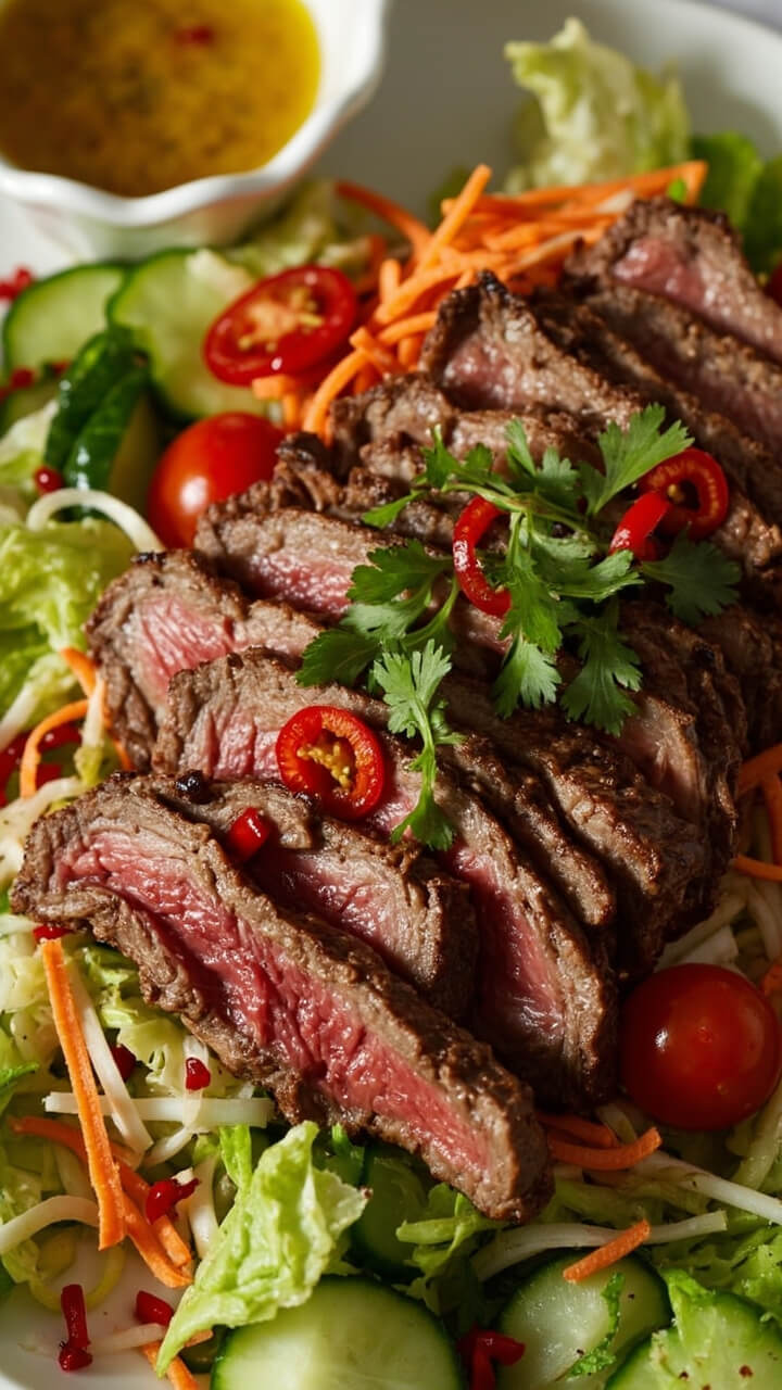 Thin strips of medium-rare steak are layered over a bed of lettuce, sliced cucumbers, cherry tomatoes, and shredded carrots. Bright red chili slices and torn cilantro top the salad. A small bowl of lime-sesame vinaigrette sits at the side.
