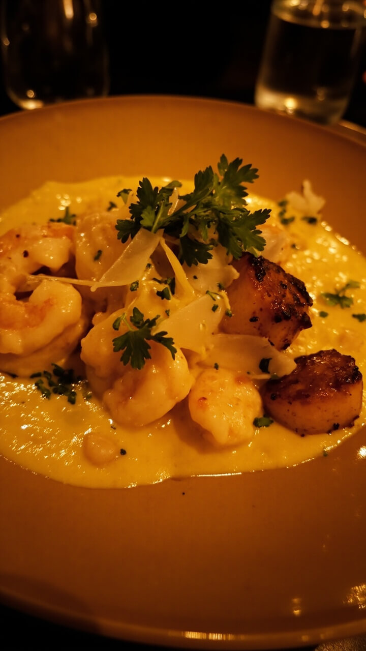 Plump gnocchi under a blanket of creamy Alfredo with pink shrimp and golden seared scallops, sprinkled with chopped parsley and freshly shaved Parmesan on a wide, shallow bowl.