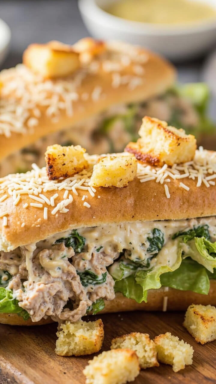 A toasted ciabatta roll sliced open, stuffed with creamy tuna Caesar salad, chopped romaine lettuce, and a generous dusting of grated parmesan, served with a couple of roasted garlic croutons. A toasted ciabatta roll sliced open, stuffed with creamy tuna Caesar salad, chopped romaine lettuce, and a generous dusting of grated parmesan, served with a couple of roasted garlic croutons.