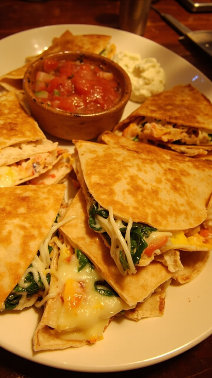 Golden, crisp quesadilla wedges arranged on a large plate, edges bursting with melty cheese, spinach, and visible chunks of imitation crab. A small bowl of salsa and a dollop of sour cream on the side.