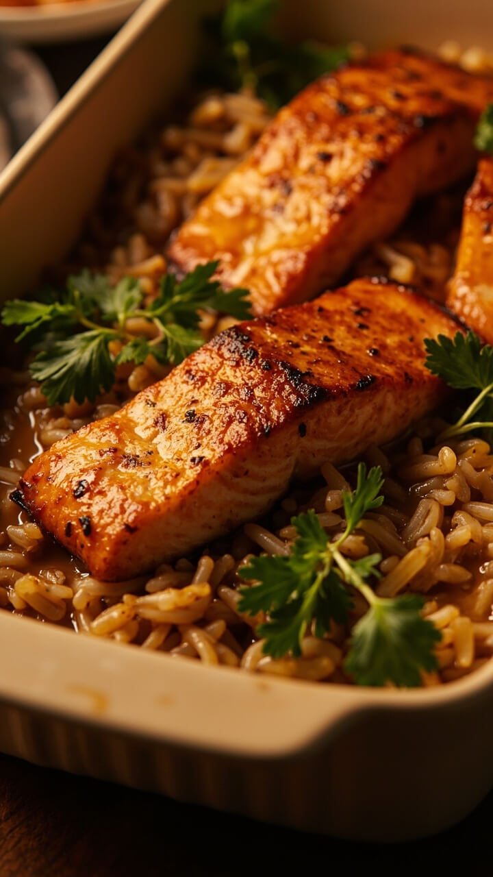 A casserole dish with golden-topped salmon and wild rice, creamy sauce pooling at the edges, some parsley or green onions sprinkled over. A casserole dish with golden-topped salmon and wild rice, creamy sauce pooling at the edges, some parsley or green onions sprinkled over.