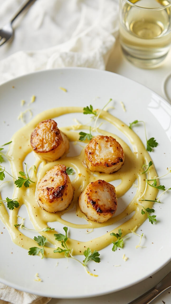 Four large, caramelized scallops sit on a white ceramic plate, finished with a glossy drizzle of pale yellow lemon beurre blanc sauce, a scattering of microgreens, and lemon zest. The table is dressed simply with linen napkins and a glass of chilled white wine nearby. Four large, caramelized scallops sit on a white ceramic plate, finished with a glossy drizzle of pale yellow lemon beurre blanc sauce, a scattering of microgreens, and lemon zest. The table is dressed simply with linen napkins and a glass of chilled white wine nearby.