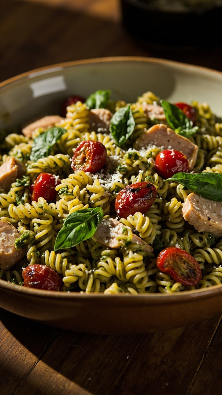 A large serving bowl with spirals of whole wheat pasta, tossed with pesto, chunks of tuna, and juicy roasted cherry tomatoes. Finished with fresh basil and grated Parmesan. A large serving bowl with spirals of whole wheat pasta, tossed with pesto, chunks of tuna, and juicy roasted cherry tomatoes. Finished with fresh basil and grated Parmesan.