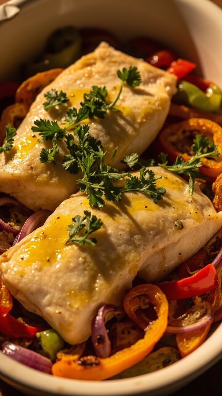Large, flaky cod fillets surrounded by strips of roasted red, yellow, and green bell peppers and red onion in a white ceramic dish. Everything is glistening with a touch of olive oil and a sprinkle of parsley. Large, flaky cod fillets surrounded by strips of roasted red, yellow, and green bell peppers and red onion in a white ceramic dish. Everything is glistening with a touch of olive oil and a sprinkle of parsley.