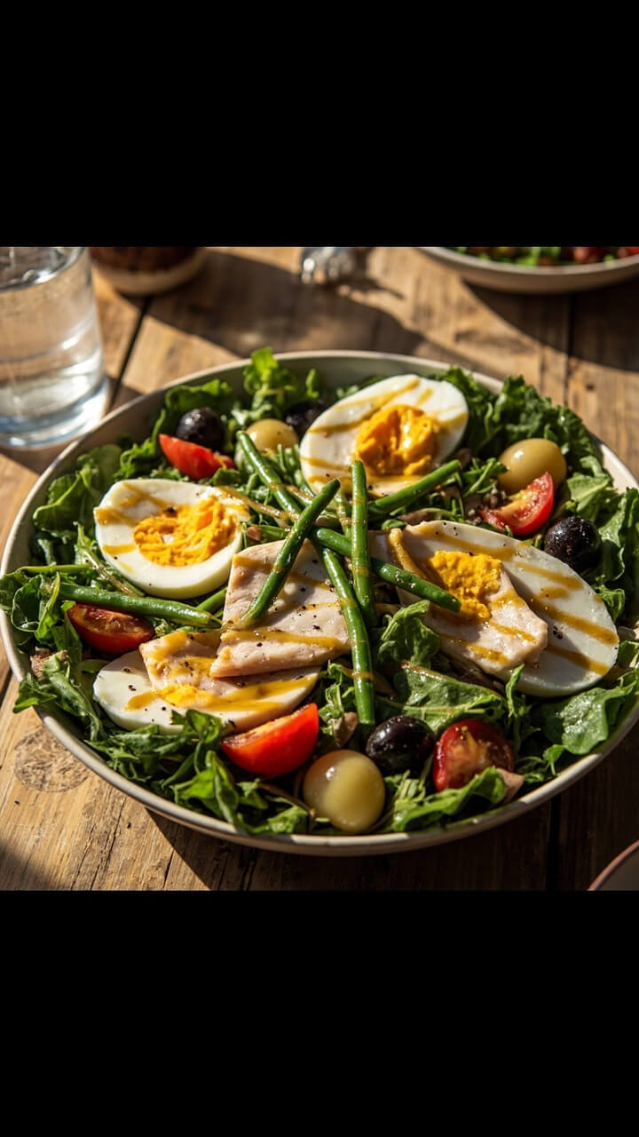 Large shallow bowl with a bed of mixed greens, sections of flaky white fish, soft-boiled egg halves, cherry tomatoes, green beans, boiled baby potatoes, Nicoise olives, and a drizzle of Dijon vinaigrette.