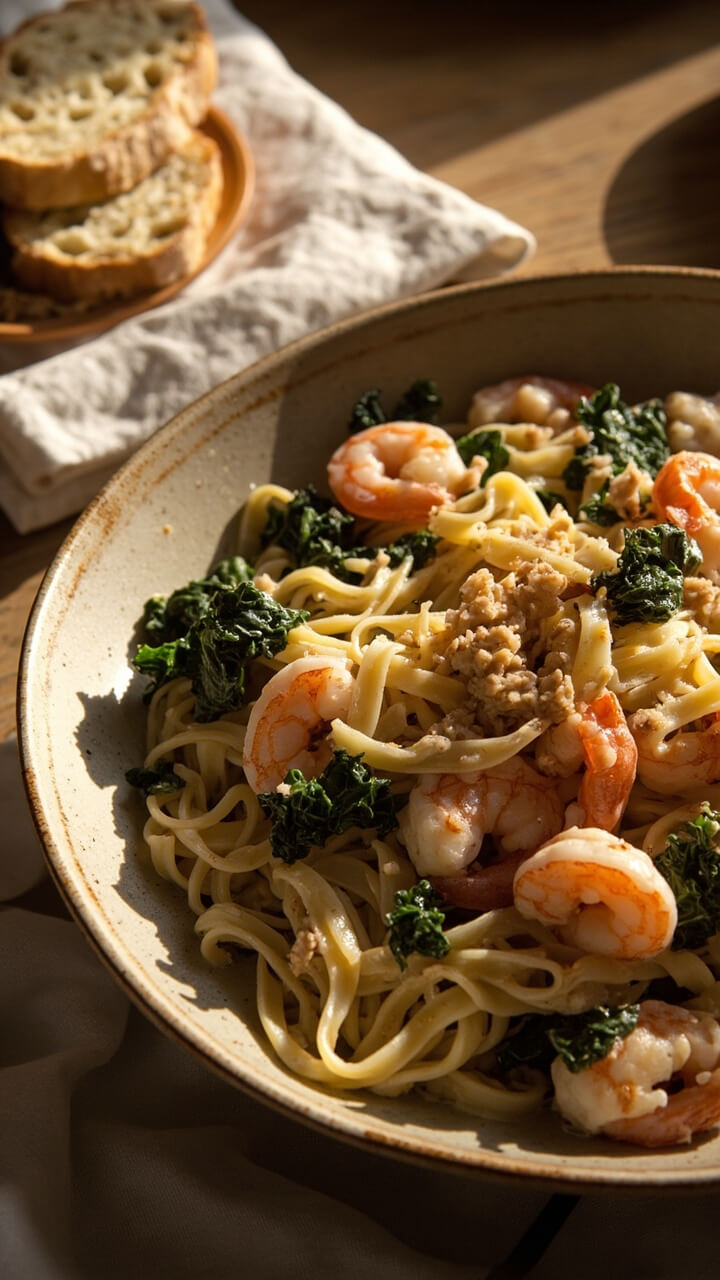 A wide, shallow bowl with gemelli pasta covered in creamy sauce, chopped kale wilted throughout, pink shrimp on top, and a sprinkle of toasted pine nuts for texture. A linen napkin and slice of rustic bread are beside the bowl. A wide, shallow bowl with gemelli pasta covered in creamy sauce, chopped kale wilted throughout, pink shrimp on top, and a sprinkle of toasted pine nuts for texture. A linen napkin and slice of rustic bread are beside the bowl.