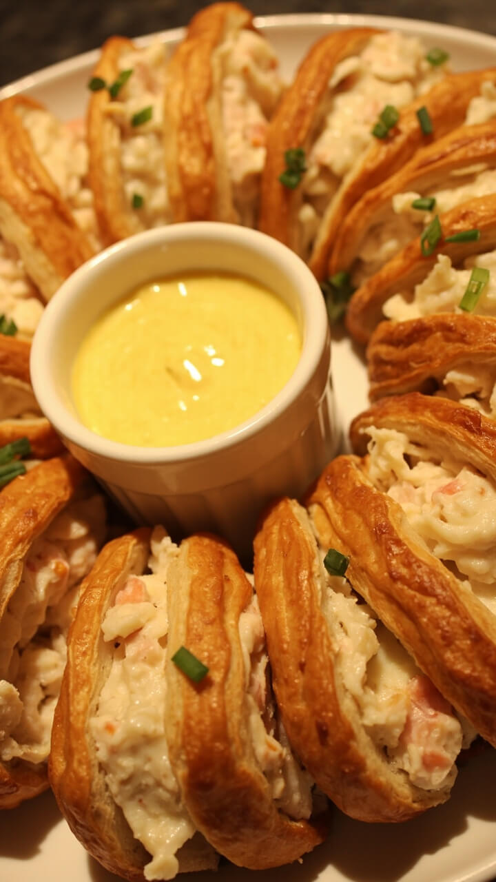 Golden-brown puff pastry rolls filled with creamy crab mixture, sliced and arranged in a spiral on a round platter, a small bowl of lemon aioli in the center, and fresh chives sprinkled over the rolls.