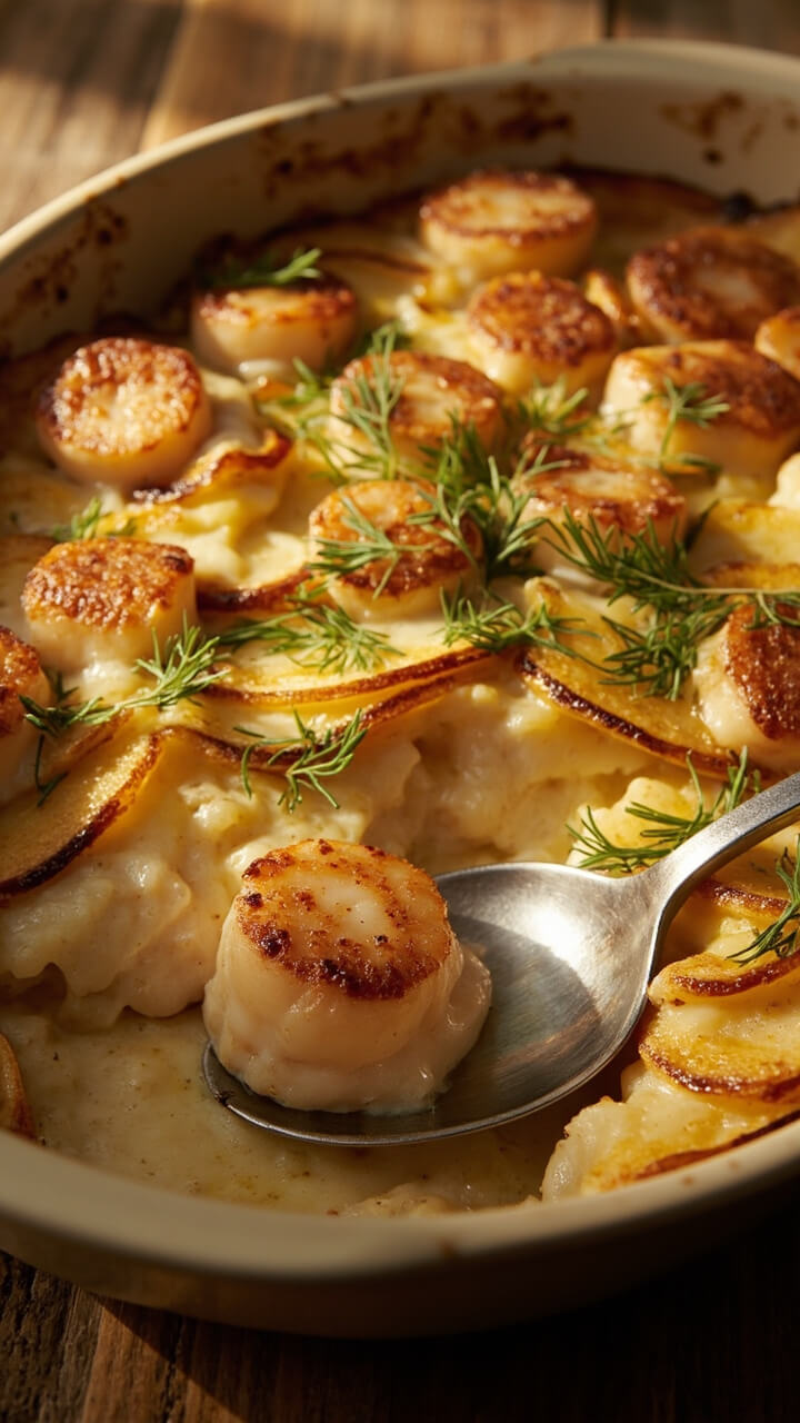 A deep baking dish filled with layers of thinly sliced golden potatoes, creamy sauce, scallops, and fennel. The top is browned and bubbling, with a sprinkling of fresh dill. A large silver serving spoon scoops out a steaming portion onto a plate. A deep baking dish filled with layers of thinly sliced golden potatoes, creamy sauce, scallops, and fennel. The top is browned and bubbling, with a sprinkling of fresh dill. A large silver serving spoon scoops out a steaming portion onto a plate.