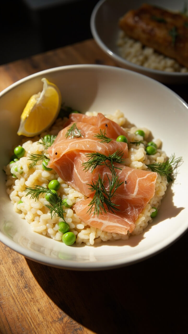 A wide, shallow white bowl of creamy risotto dotted with green peas and flaked smoked salmon, garnished with fresh herbs and a lemon wedge.