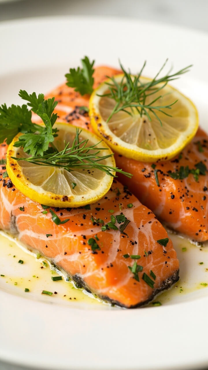 Salmon fillets on a simple white dinner plate, sprinkled with chopped mixed herbs and thin lemon slices charred from roasting. A few sprigs of parsley on top. Salmon fillets on a simple white dinner plate, sprinkled with chopped mixed herbs and thin lemon slices charred from roasting. A few sprigs of parsley on top.
