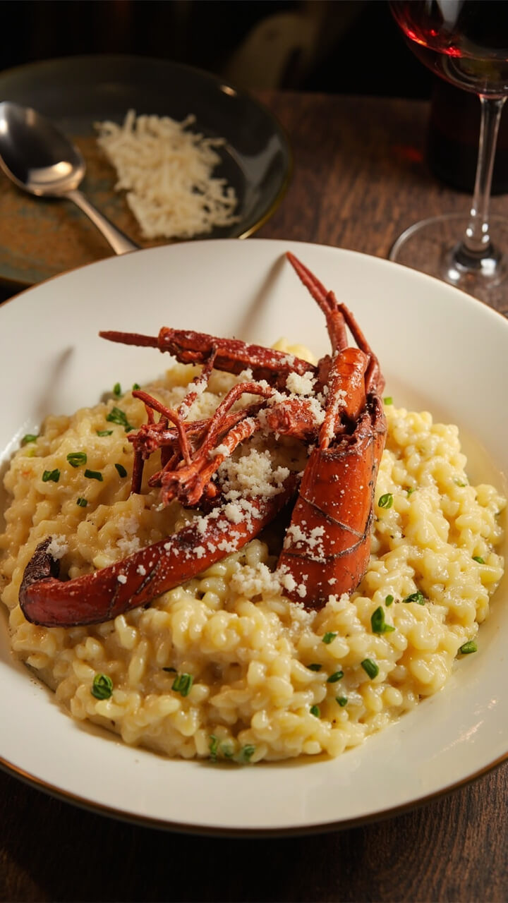 A deep bowl of creamy risotto flecked with green herbs, with generous bites of red lobster claw and tail, dusted with grated Parmesan, beside a silver spoon and glass of wine. A deep bowl of creamy risotto flecked with green herbs, with generous bites of red lobster claw and tail, dusted with grated Parmesan, beside a silver spoon and glass of wine.