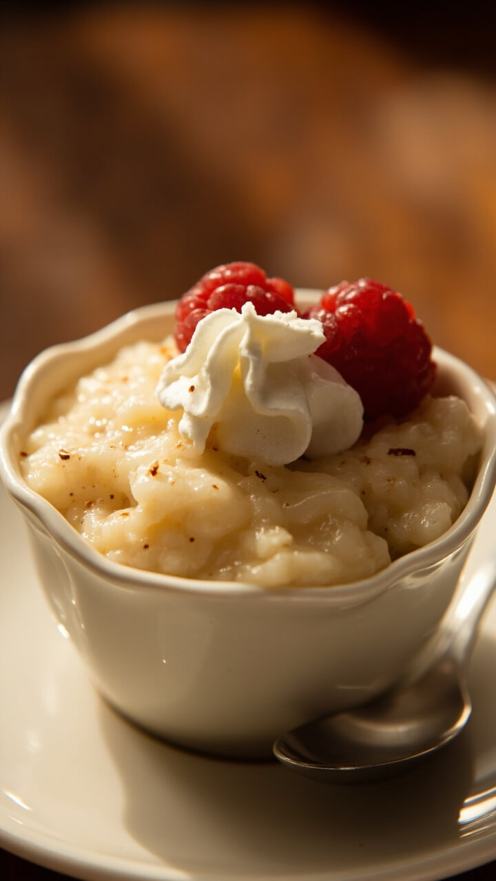 A small ceramic bowl of creamy rice pudding speckled with cinnamon, topped with a dollop of whipped cream and a few fresh raspberries on a saucer with a small spoon. A small ceramic bowl of creamy rice pudding speckled with cinnamon, topped with a dollop of whipped cream and a few fresh raspberries on a saucer with a small spoon.