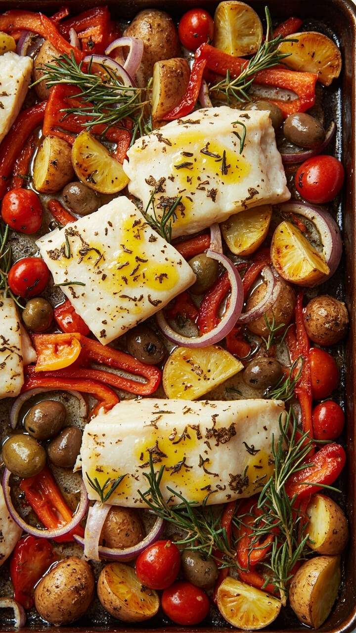 A rimmed baking sheet with cod fillets surrounded by golden sliced potatoes, red bell peppers, red onions, cherry tomatoes, and olives, all dusted with herbs and glistening with olive oil.