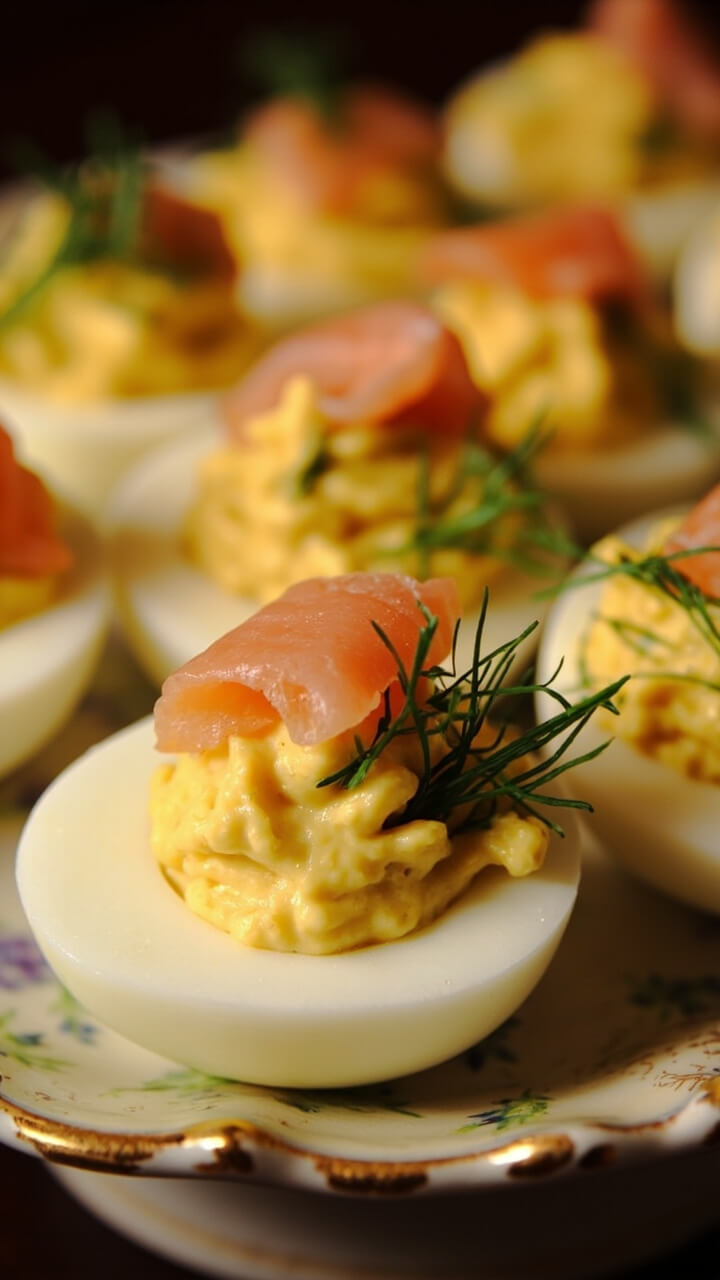 Halved deviled eggs with creamy yellow filling, topped with pink salmon flakes and a sprinkle of fresh dill, neatly lined up on a vintage egg plate. Halved deviled eggs with creamy yellow filling, topped with pink salmon flakes and a sprinkle of fresh dill, neatly lined up on a vintage egg plate.