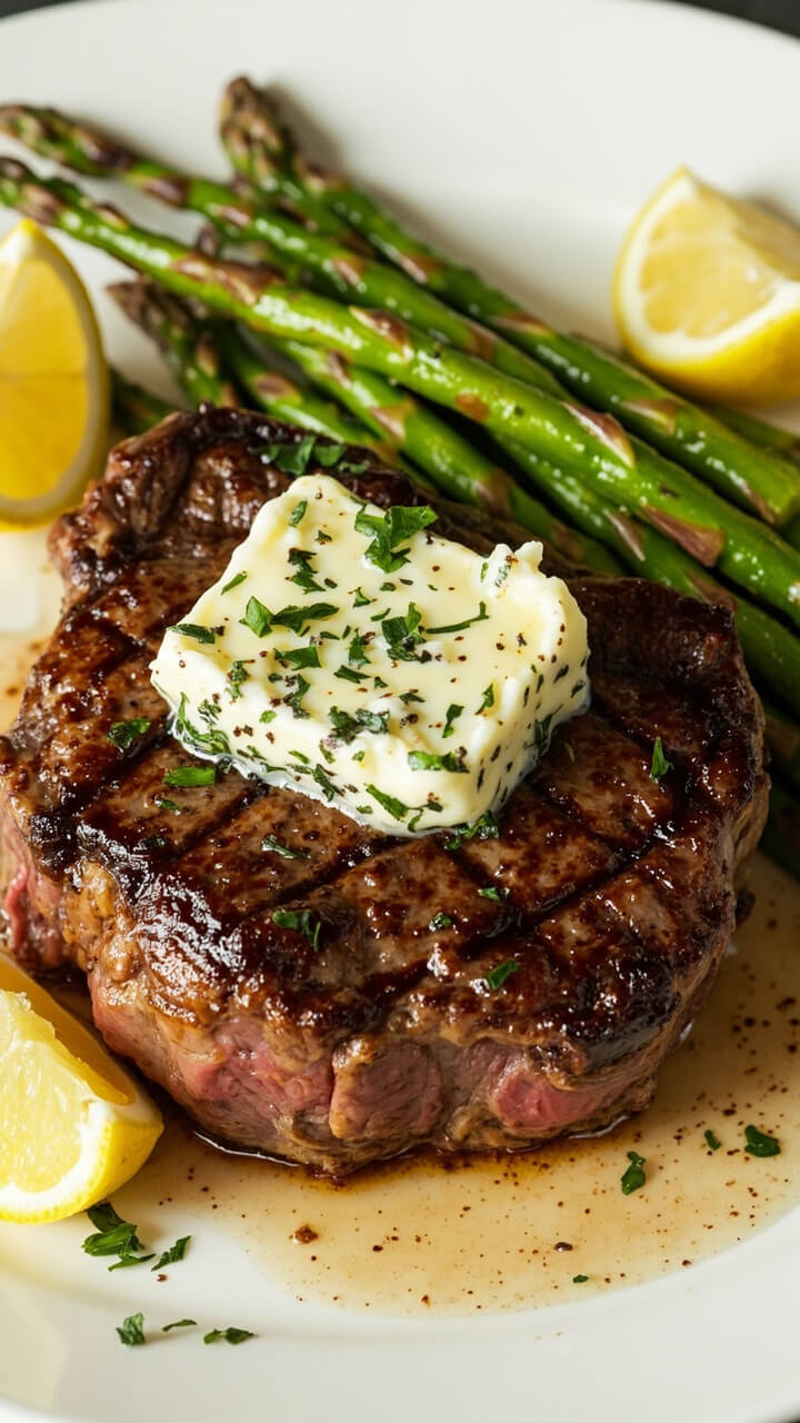A thick sirloin steak resting on a white plate, topped by a glossy pat of melting herb butter, seared asparagus spears on the side, with a few bright lemon halves. A thick sirloin steak resting on a white plate, topped by a glossy pat of melting herb butter, seared asparagus spears on the side, with a few bright lemon halves.