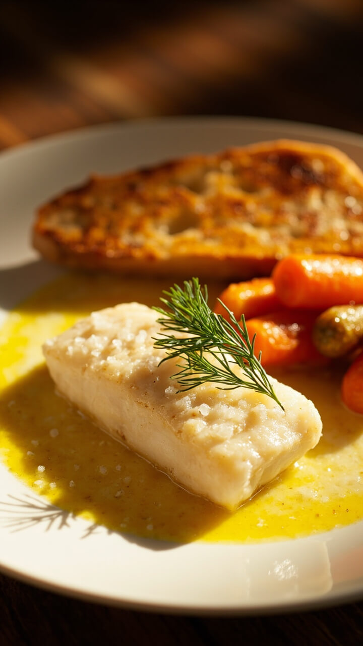 A simple white plate with cod fillet in melted garlic herb butter, garnished with a small bunch of fresh dill. Roasted carrots and crusty bread are alongside. A simple white plate with cod fillet in melted garlic herb butter, garnished with a small bunch of fresh dill. Roasted carrots and crusty bread are alongside.