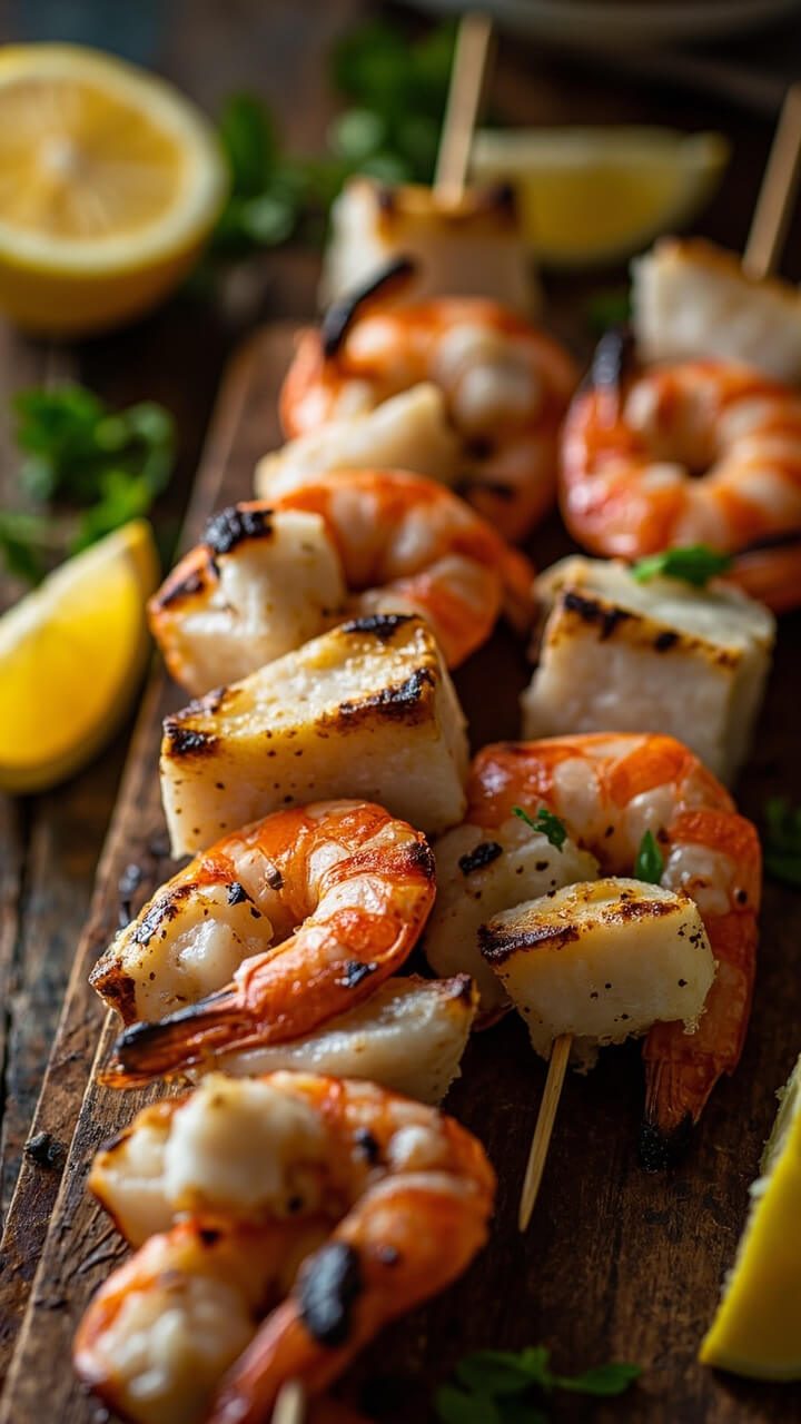 Wooden skewers threaded with plump shrimp and cubed white fish, grilled to light char with fresh lemon wedges alongside. The skewers are on a wooden board, with a sprinkle of parsley on top.