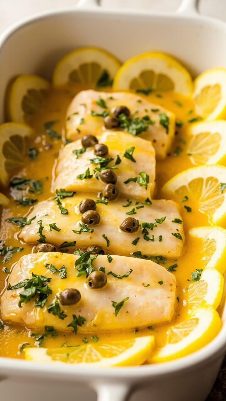 Catfish fillets in a shallow white baking dish, topped with a glossy lemon-butter sauce, scattered with capers and chopped parsley, and lemon slices placed attractively along the edges. Catfish fillets in a shallow white baking dish, topped with a glossy lemon-butter sauce, scattered with capers and chopped parsley, and lemon slices placed attractively along the edges.