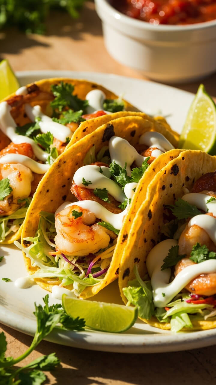 Three corn tortillas folded and filled with sautéed shrimp, shredded cabbage, freshly chopped cilantro, and a drizzle of creamy Greek yogurt sauce. Bright lime wedges rest on the side. The tacos are plated on a matte white plate with a few extra cilantro sprigs for color and a small bowl of salsa in the background.
