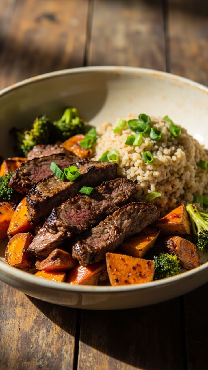 A shallow ceramic bowl filled with sliced skirt steak over a bed of roasted sweet potatoes, broccoli, and quinoa. Finished with a sprinkle of green onions. A shallow ceramic bowl filled with sliced skirt steak over a bed of roasted sweet potatoes, broccoli, and quinoa. Finished with a sprinkle of green onions.