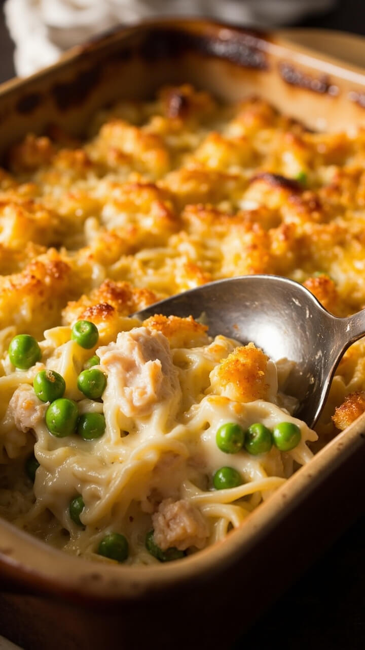 A bubbling casserole dish with golden, crisp breadcrumb topping and creamy noodles flecked with peas and tender bits of tuna, served with a wide metal serving spoon.