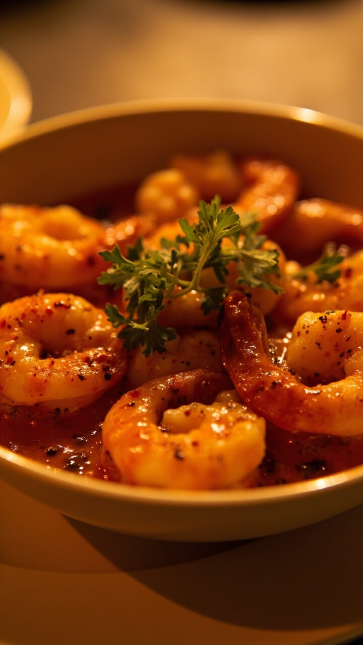 Shrimp smothered in a spicy, creamy sauce with visible specks of Cajun seasoning, all spooned onto a shallow white bowl, parsley sprinkled on top. Shrimp smothered in a spicy, creamy sauce with visible specks of Cajun seasoning, all spooned onto a shallow white bowl, parsley sprinkled on top.
