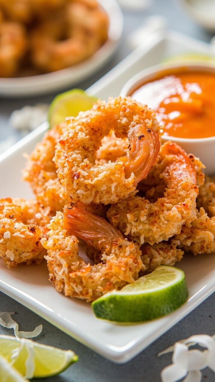 Golden coconut-crusted shrimp piled on a white serving plate, bright orange marmalade dipping sauce in a separate small bowl, with lime wedges on the side and a scattering of shredded coconut on the table.