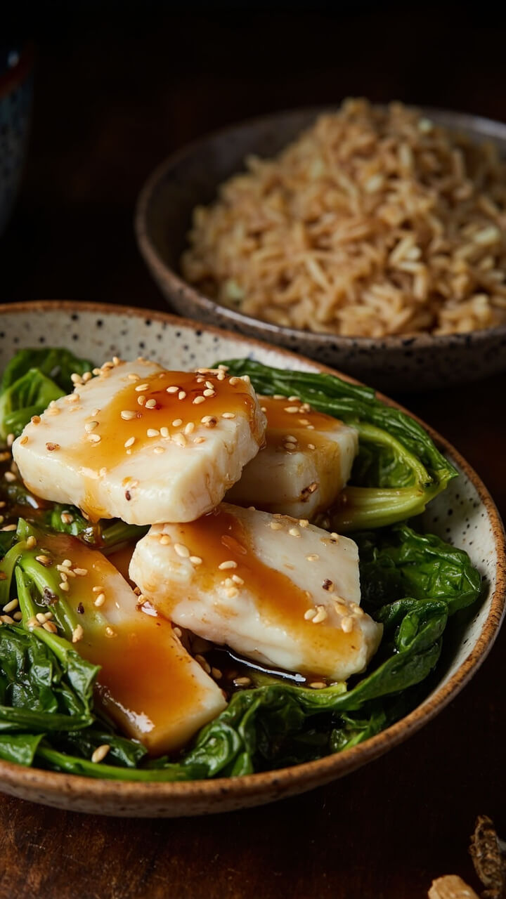 White, flaky cod fillets in a shallow bowl, brushed with a glossy golden miso glaze, baby bok choy nestled to the side, all sprinkled with sesame seeds. A speckled ceramic bowl of steamed jasmine rice tucked alongside. White, flaky cod fillets in a shallow bowl, brushed with a glossy golden miso glaze, baby bok choy nestled to the side, all sprinkled with sesame seeds. A speckled ceramic bowl of steamed jasmine rice tucked alongside.