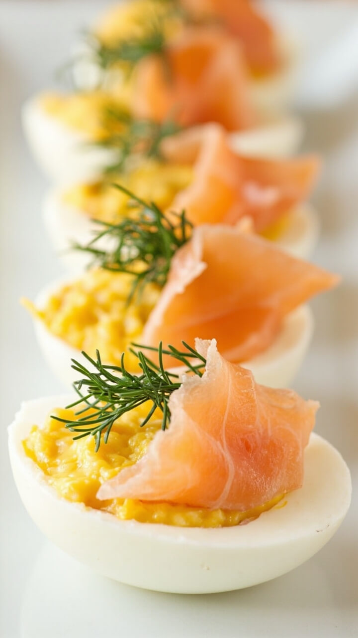 Halved hard-boiled eggs filled with a creamy golden yolk-and-salmon mixture, each topped with a small curl of smoked salmon and a sprig of dill on a simple white tray.