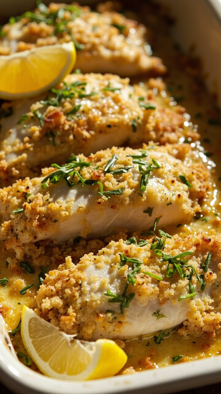 White fish fillets on a small white baking tray, topped with a golden, green-flecked herb breadcrumb crust. Lemon wedges on the side and a light dusting of fresh chives.