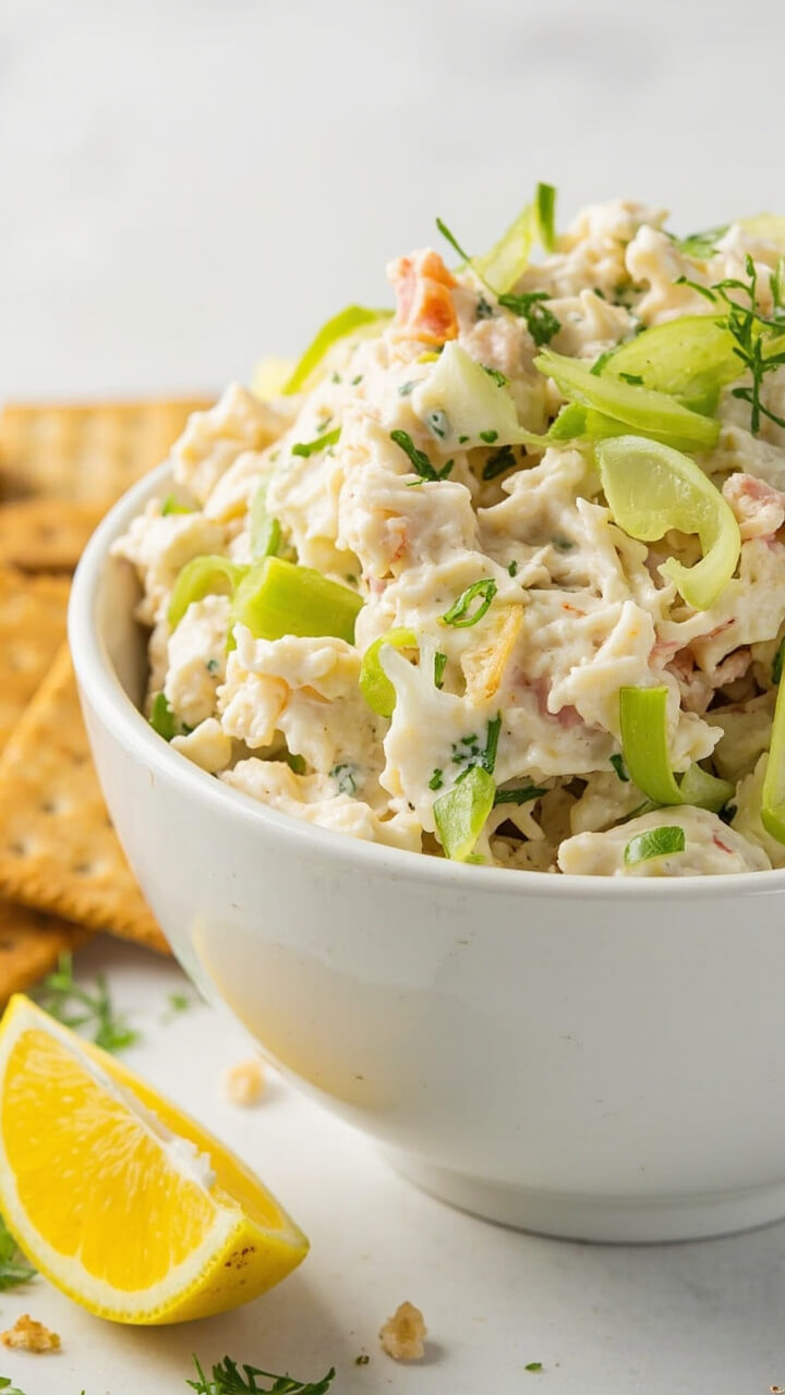 A bright white bowl filled with a creamy mixture of shredded imitation crab, crisp celery, green onions, and flecks of fresh dill. A lemon wedge and a scattering of crackers on the side.