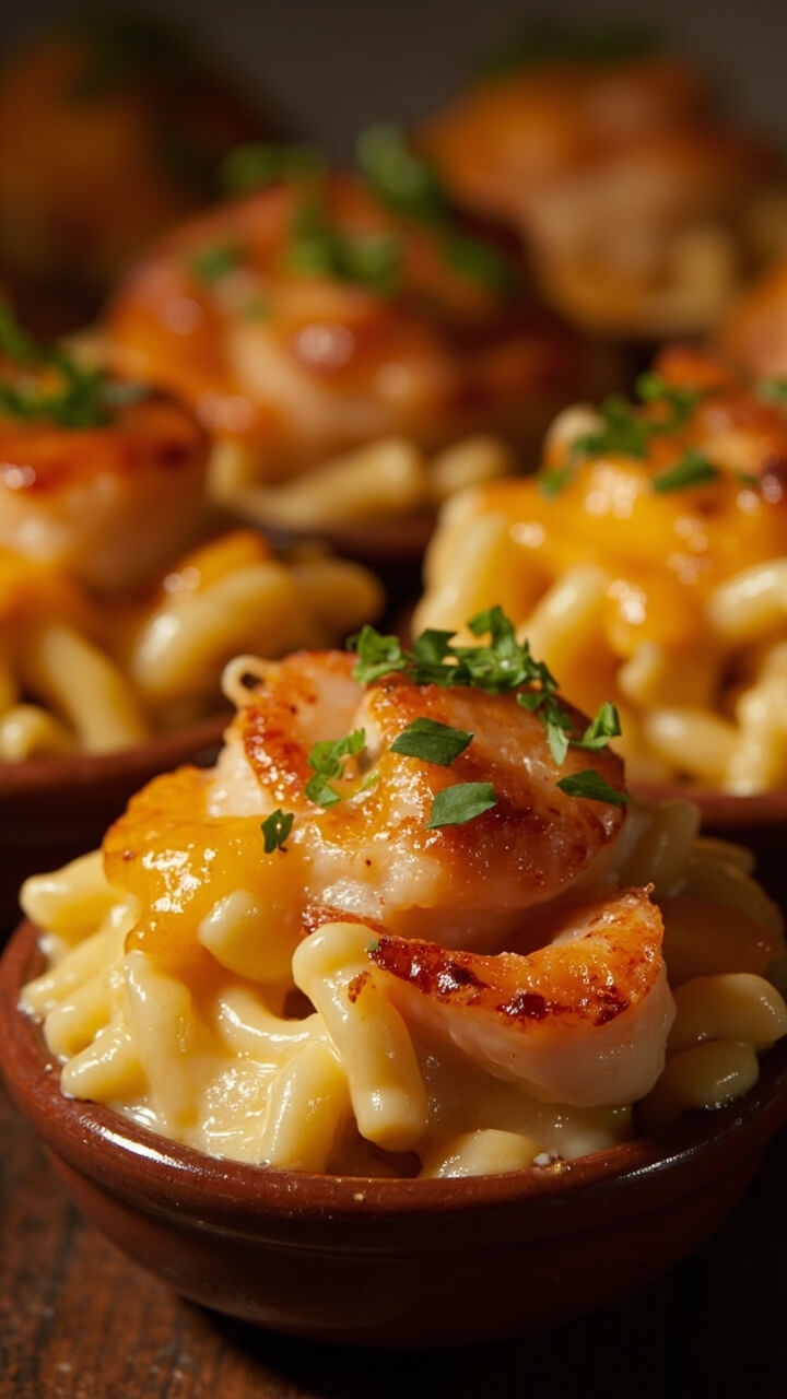 A creamy, golden-topped casserole of elbow macaroni with pink shrimp and caramelized scallops, bubbling with cheese. Lush, gooey pasta is dished into small bowls with a sprinkle of fresh parsley.