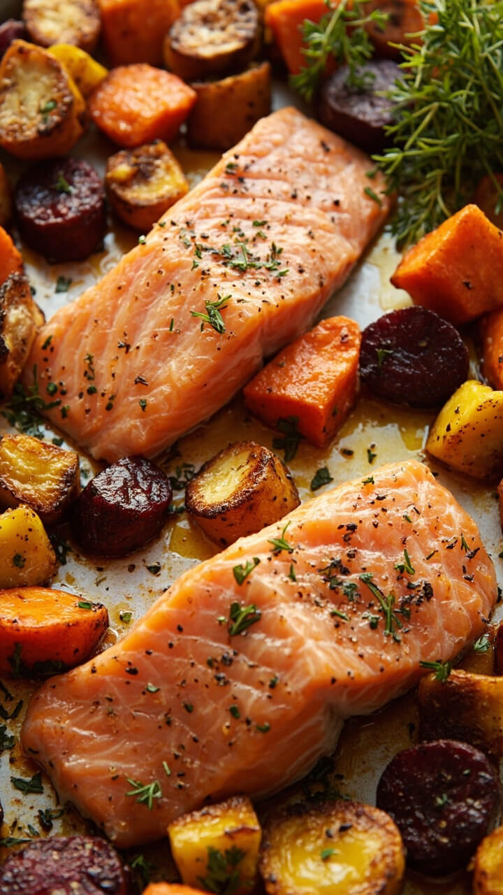 Thick salmon fillets on a sheet pan surrounded by cubes of roasted carrots, parsnips, and golden beets. Chopped parsley and a drizzle of olive oil over everything. Thick salmon fillets on a sheet pan surrounded by cubes of roasted carrots, parsnips, and golden beets. Chopped parsley and a drizzle of olive oil over everything.