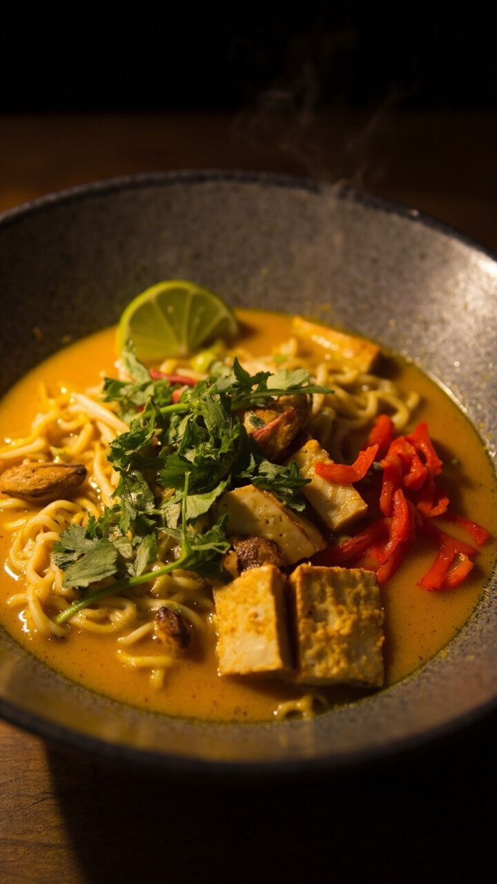 A modern stoneware bowl filled with yellow coconut curry broth, rice ramen noodles topped with cubes of roasted tofu, chopped cilantro, thin strips of red pepper, and a wedge of lime perched on the rim.